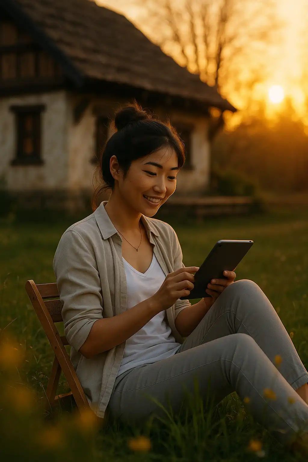 Woman looking at her phone with a house in the background.